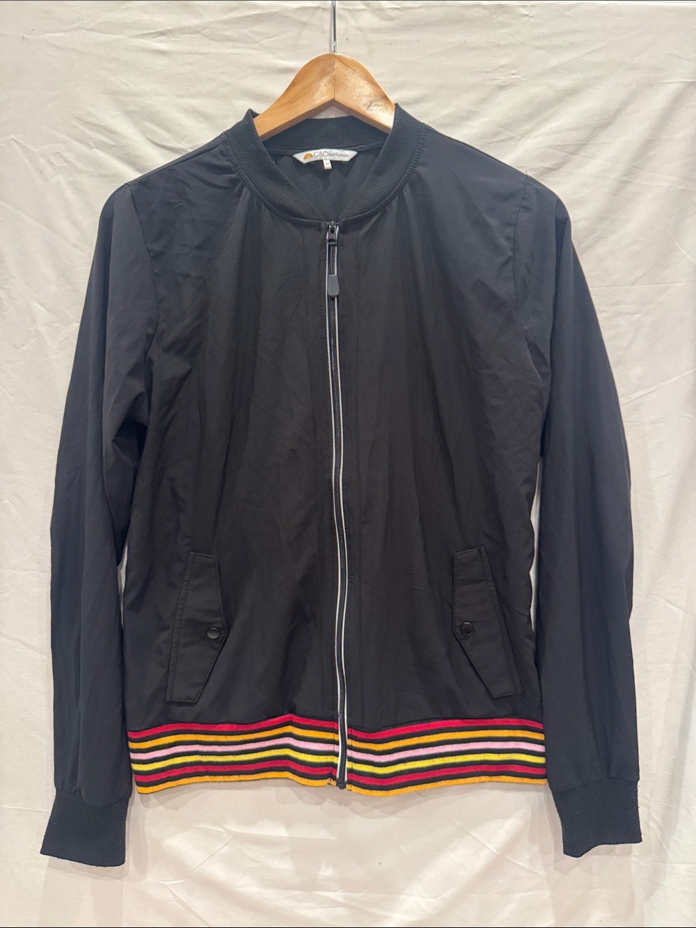 C&C California Black Bomber Jacket with Multicolor Stripe Hem